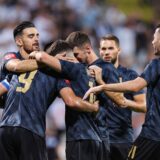 01.09.2024., stadion HNK Rijeka, Rijeka - SuperSport HNL, 05. kolo, HNK Rijeka - GNK Dinamo. Slavlje nogometasa Dinama nakon pogotka Brune Petkovica za vodstvo 1:0. Sandro Kulenovic, Bruno Petkovic, Martin Baturina, Petar Sucic Photo: Luka stanzl/PIXSELL