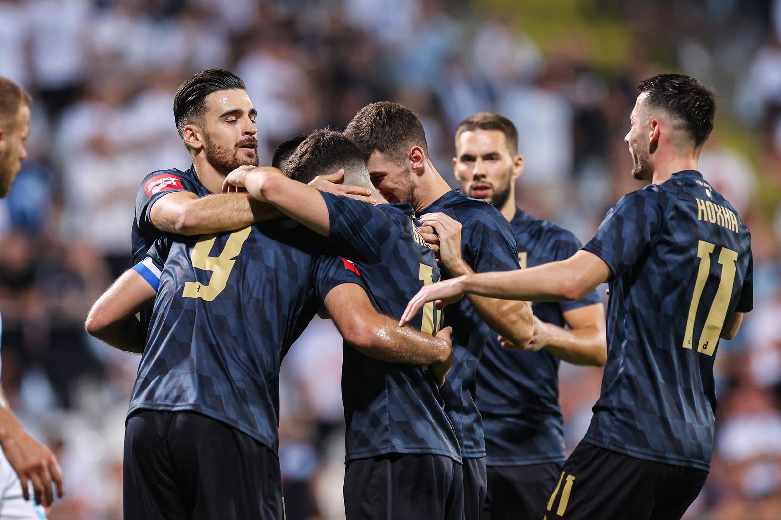 01.09.2024., stadion HNK Rijeka, Rijeka - SuperSport HNL, 05. kolo, HNK Rijeka - GNK Dinamo. Slavlje nogometasa Dinama nakon pogotka Brune Petkovica za vodstvo 1:0. Sandro Kulenovic, Bruno Petkovic, Martin Baturina, Petar Sucic Photo: Luka stanzl/PIXSELL