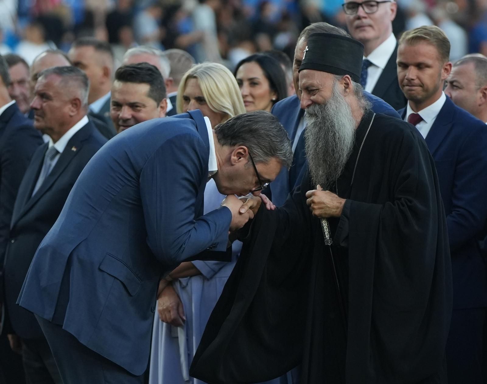 03, August, 2024, Loznica - At the Lagator Stadium in Loznica, a ceremony was held to commemorate the Day of Remembrance of all the Serbs who died and were exiled in the armed action Storm. Aleksandar Vucic, Serbian Patriarch Porfirije. Photo: Antonio Ahel/ATAImages

03, avgust, 2024, Loznica - Na stadionu Lagator u Loznici odrzana je ceremonija obelezavanja Dana secanja na sve stradale i prognane Srbe u oruzanoj akciji Oluja. Photo: Antonio Ahel/ATAImages Photo: Antonio Ahel/Ata  images/PIXSELL