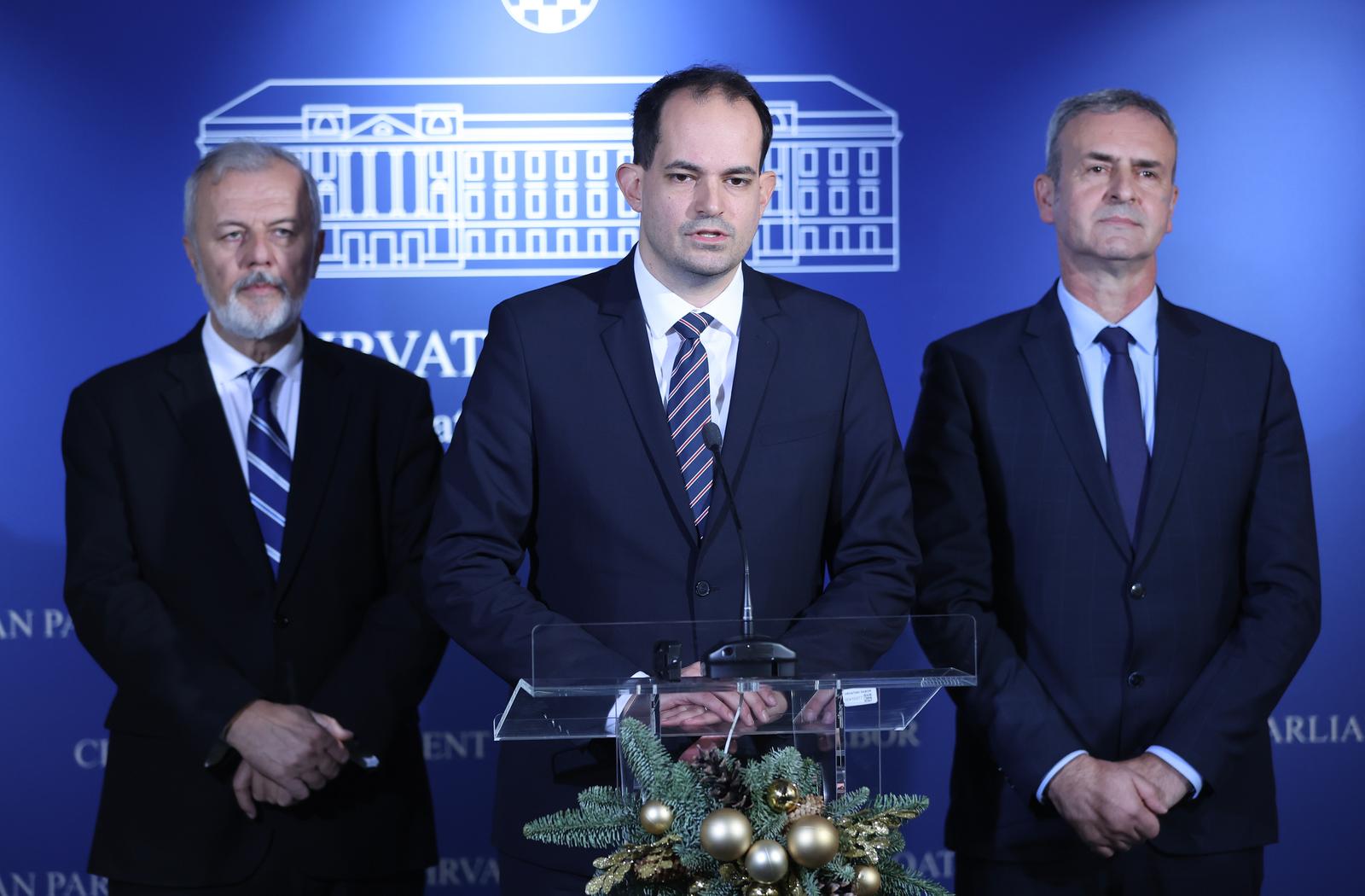 07.12.2024., Zagreb - Krunoslav Katicic, Ante Sanader i Ivan Malenica obratili su se medijima nakon glasanja o izboru deset sudaca Ustavnog suda. Photo: Sanjin Strukic/PIXSELL