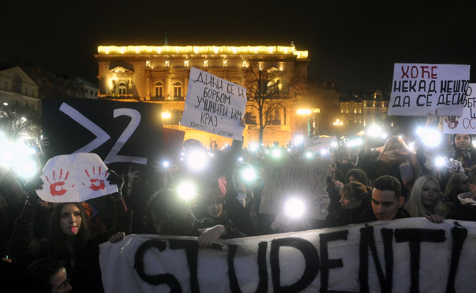 11, December, 2024, Belgrade - Students gathered in front of the Presidency and shouted loudly during the address to the public by Serbian President Aleksandar Vucic. Photo: M.M./ATAImages

11, decembar, 2024, Beograd - Studenti su se okupili ispred Predsednistva i glasno vikali tokom obracanja javnosti predsednika Srbije Aleksandra Vucic. Photo: M.M./ATAImages Photo: M.M./ATA images/PIXSELL