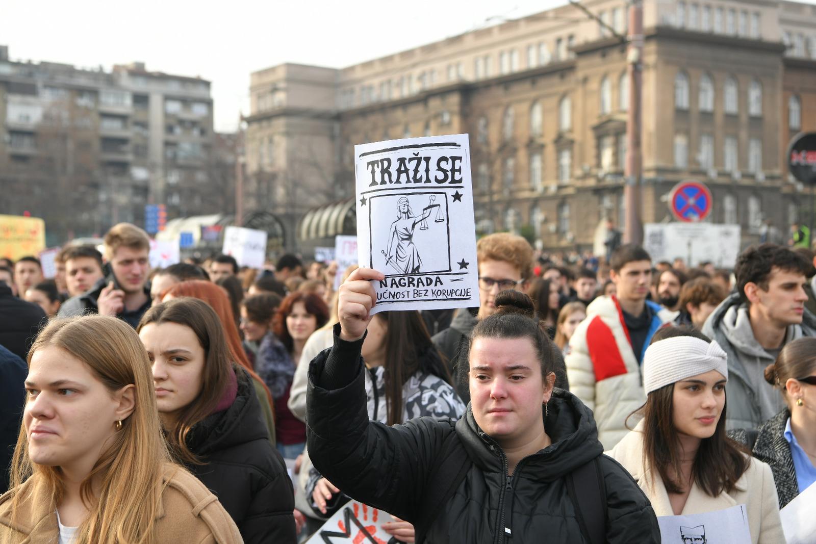 18, December, 2024, Belgrade - Students of the University of Belgrade gathered at Vuk's Monument, where they blocked traffic in the "Stop, Serbia" action to hold a 15-minute rally in memory of the victims in Novi Sad. Photo: R.Z./ATAImages  18, decembar, 2024, Beograd - Studenti Beogradskog Univerziteta izasli su kod Vukovog spomenika, gde su blokirali saobracaj u akciji "Zastani, Srbijo" kako bi odrzali skup u trajanju od 15 minuta u znak secanja na stradale u Novom Sadu. Photo: R.Z./ATAImages Photo: R.Z./ATAImages/PIXSELL