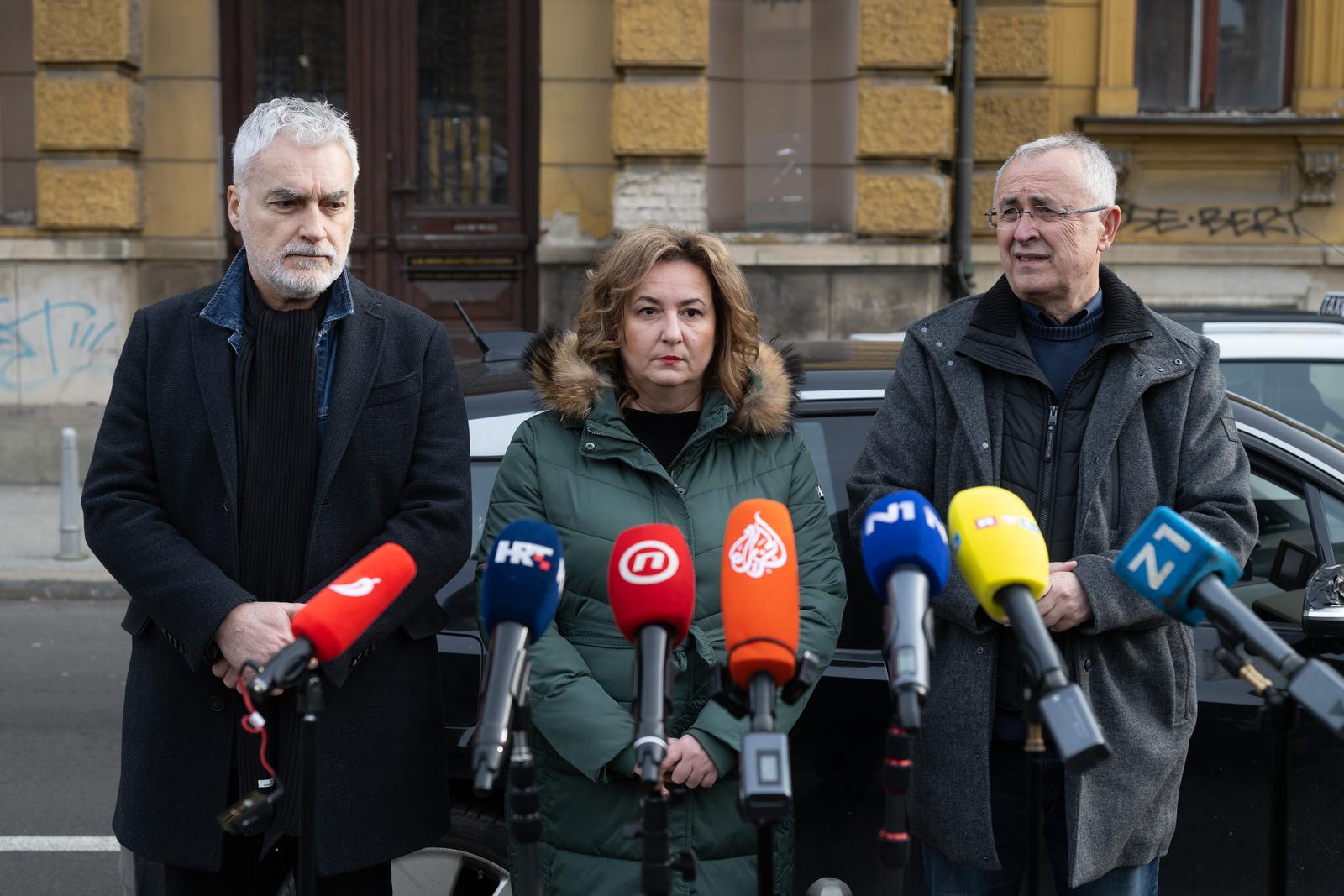 22.12.2024., Zagreb - Konferencija za medije „Sigurnost u skolama nas  je zajednicki cilj“ odrzana je povodom mimohoda „Za sigurnu skolu“ te popratnih aktivnosti diljem Republike Hrvatske u organizaciji tri obrazovna sindikata: Sindikat hrvatskih ucitelja, Sindikat Preporod i Nezavisni sindikat zaposlenih u srednjim skolama Hrvatske. Zrinko Turalija, Sanja Sprem, Zeljko Stipic.
 Photo: Davor Puklavec/PIXSELL