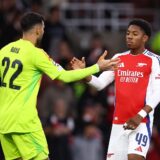 Soccer Football - Champions League - Arsenal v Paris St Germain - Emirates Stadium, London, Britain - October 1, 2024 Arsenal's David Raya and Myles Lewis-Skelly celebrate after the match REUTERS/Hannah Mckay Photo: HANNAH MCKAY/REUTERS