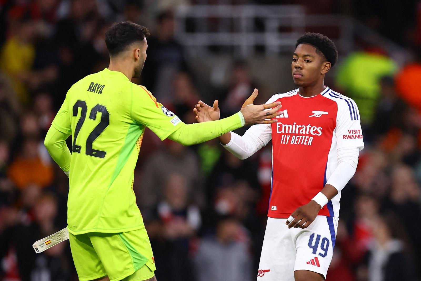 Soccer Football - Champions League - Arsenal v Paris St Germain - Emirates Stadium, London, Britain - October 1, 2024 Arsenal's David Raya and Myles Lewis-Skelly celebrate after the match REUTERS/Hannah Mckay Photo: HANNAH MCKAY/REUTERS