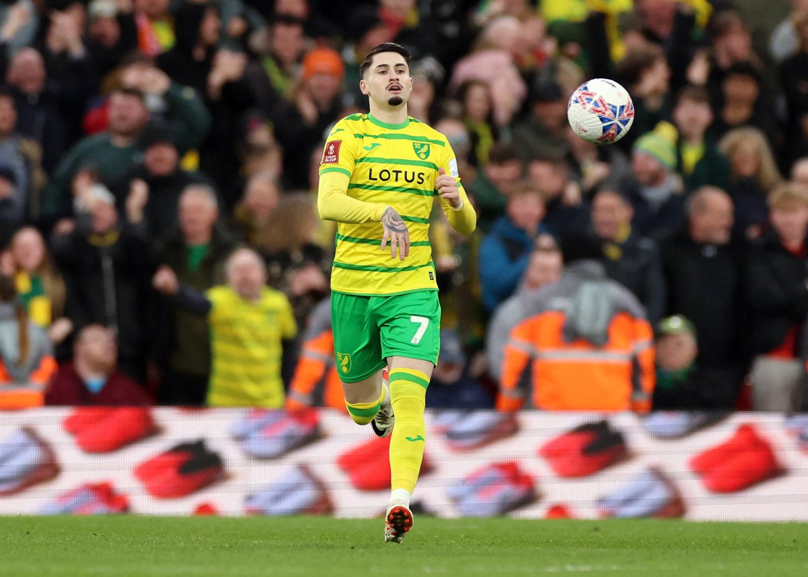 Soccer Football -  FA Cup - Fourth Round - Liverpool v Norwich City - Anfield, Liverpool, Britain - January 28, 2024 Norwich City's Borja Sainz in action REUTERS/Phil Noble Photo: Phil Noble/REUTERS