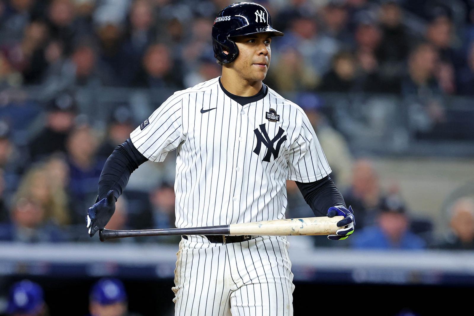 Oct 28, 2024; New York, New York, USA; New York Yankees outfielder Juan Soto (22) walks during the sixth inning against the Los Angeles Dodgers in game three of the 2024 MLB World Series at Yankee Stadium. Mandatory Credit: Brad Penner-Imagn Images Photo: Brad Penner/REUTERS