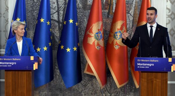 European Commission President Ursula Von der Leyen (L) and Montenegro's Prime Minister Milojko Spajic (R) hold a press conference after a bilateral meeting, in Podgorica, on October 26, 2024 as part of a one-day official visit to Montenegro during her Western Balkans tour.,Image: 926677907, License: Rights-managed, Restrictions: , Model Release: no, Credit line: SAVO PRELEVIC / AFP / Profimedia