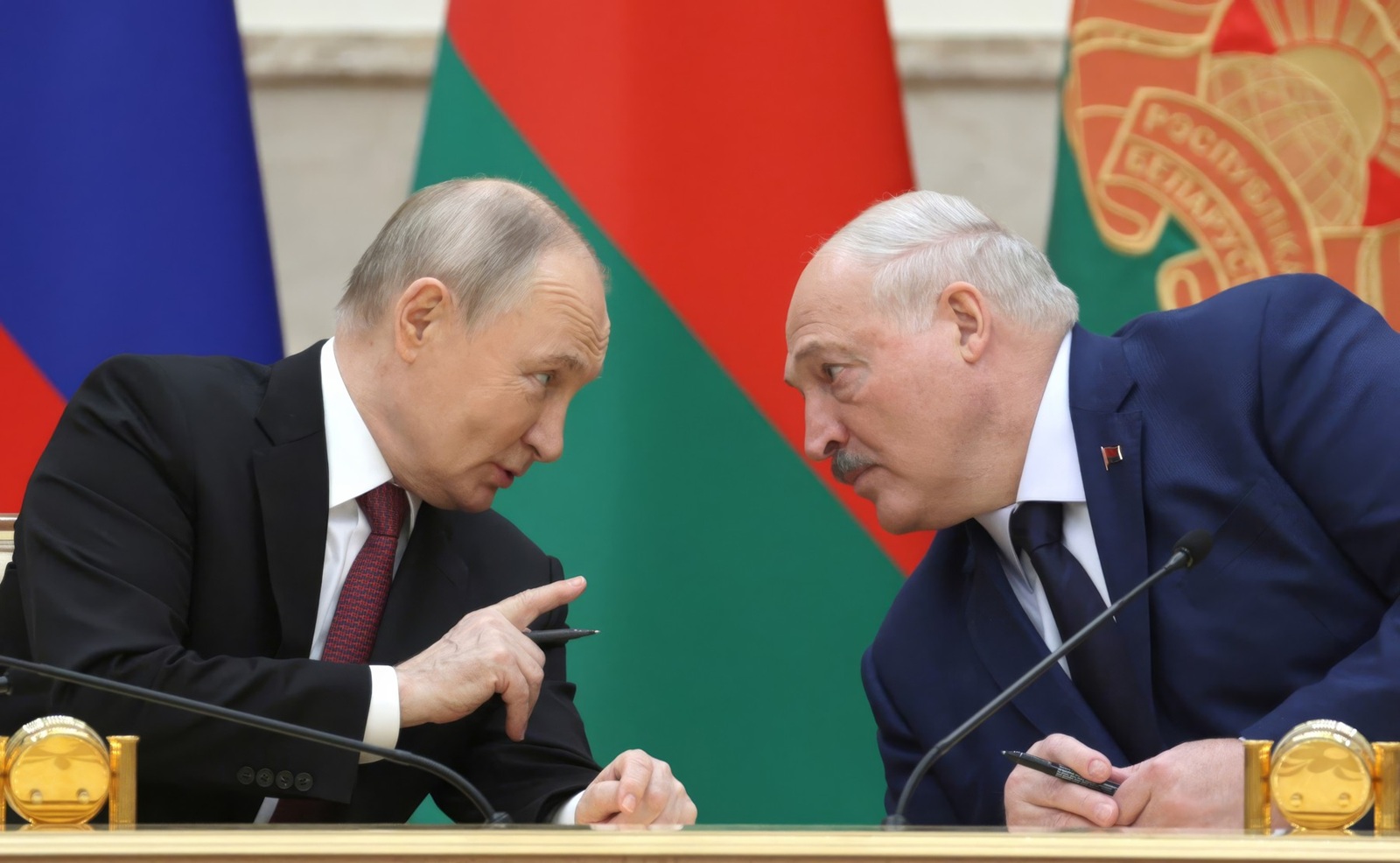 December 6, 2024, Minsk, Belarus: Russian President Vladimir Putin, left, speaks with Belarus President Alexander Lukashenko, right, during a signing ceremony at the conclusion of the Supreme State Council of the Union State of Russia and Belarus, December 6, 2024 in Minsk, Belarus.,Image: 943780958, License: Rights-managed, Restrictions: ***
HANDOUT image or SOCIAL MEDIA IMAGE or FILMSTILL for EDITORIAL USE ONLY! * Please note: Fees charged by Profimedia are for the Profimedia's services only, and do not, nor are they intended to, convey to the user any ownership of Copyright or License in the material. Profimedia does not claim any ownership including but not limited to Copyright or License in the attached material. By publishing this material you (the user) expressly agree to indemnify and to hold Profimedia and its directors, shareholders and employees harmless from any loss, claims, damages, demands, expenses (including legal fees), or any causes of action or allegation against Profimedia arising out of or connected in any way with publication of the material. Profimedia does not claim any copyright or license in the attached materials. Any downloading fees charged by Profimedia are for Profimedia's services only. * Handling Fee Only 
***, Model Release: no, Credit line: Gavriil Grigorov/Kremlin Pool / Zuma Press / Profimedia