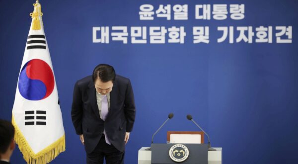 South Korean President Yoon Suk Yeol bows in apology during a press conference in Seoul on Nov. 7, 2024, for causing concerns to the public over his alleged past association with a self-proclaimed power broker.,Image: 931474907, License: Rights-managed, Restrictions: , Model Release: no, Credit line: Kyodo/Newscom / Newscom / Profimedia