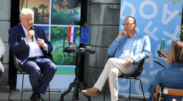 30.06.2023., Rijeka - Trsatska gradina. Obiljezavanje 10. godisnjice clanstva Hrvatske u Europskoj uniji. "Desetljece razvoja 2013. - 2023. EU projekti u Primorsko goranskoj zupaniji". Predstavnici Zupanije -Zlatko Komadina i Ljudevit Krpan, i Grada - Marko Filipovic,  predstavili su iskustva u apsorpciji Europskih strukturnih i investicijskih fondova. Photo: Goran Kovacic/PIXSELL