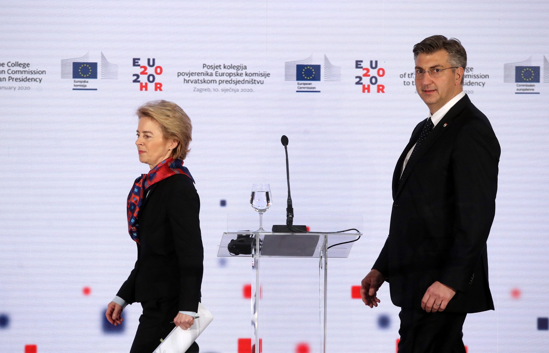 European Commission President Ursula von der Leyen (L) and Croatian Prime Minister Andrej Plenkovic arrive for a joint press conference at the National and University Library in Zagreb, Croatia, on January 10, 2020.,Image: 492407398, License: Rights-managed, Restrictions: , Model Release: no, Credit line: Denis LOVROVIC / AFP / Profimedia