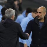 Tottenham Hotspur manager Jose Mourinho greets Manchester City manager Pep Guardiola after the final whistle during the Premier League match at the Tottenham Hotspur Stadium, London.,Image: 570245607, License: Rights-managed, Restrictions: EDITORIAL USE ONLY No use with unauthorised audio, video, data, fixture lists, club/league logos or "live" services. Online in-match use limited to 120 images, no video emulation. No use in betting, games or single club/league/player publications., Model Release: no, Credit line: Kirsty Wigglesworth / PA Images / Profimedia