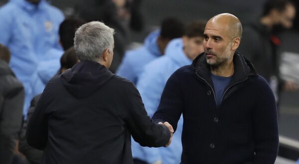 Tottenham Hotspur manager Jose Mourinho greets Manchester City manager Pep Guardiola after the final whistle during the Premier League match at the Tottenham Hotspur Stadium, London.,Image: 570245607, License: Rights-managed, Restrictions: EDITORIAL USE ONLY No use with unauthorised audio, video, data, fixture lists, club/league logos or "live" services. Online in-match use limited to 120 images, no video emulation. No use in betting, games or single club/league/player publications., Model Release: no, Credit line: Kirsty Wigglesworth / PA Images / Profimedia