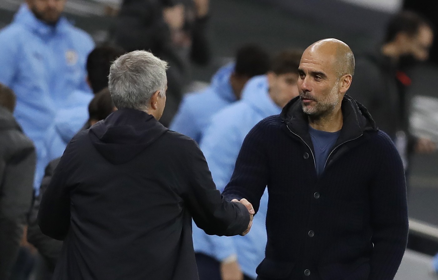 Tottenham Hotspur manager Jose Mourinho greets Manchester City manager Pep Guardiola after the final whistle during the Premier League match at the Tottenham Hotspur Stadium, London.,Image: 570245607, License: Rights-managed, Restrictions: EDITORIAL USE ONLY No use with unauthorised audio, video, data, fixture lists, club/league logos or "live" services. Online in-match use limited to 120 images, no video emulation. No use in betting, games or single club/league/player publications., Model Release: no, Credit line: Kirsty Wigglesworth / PA Images / Profimedia