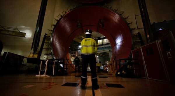 This photograph taken on April 25, 2024 shows the entrance of the Flamanville 3 nuclear reactor building at the reprocessing plant of Flamanville, north-western France, as the Flamanville 3 nuclear power plant is ready to start.,Image: 867943219, License: Rights-managed, Restrictions: , Model Release: no, Credit line: Lou BENOIST / AFP / Profimedia