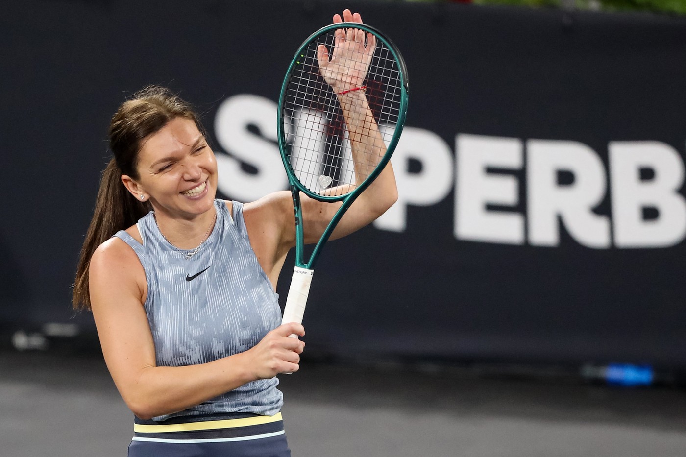 Romania's Simona Halep reacts during an exhibition tennis match at the 5th edition of the Sports Festival organized at the BT Arena in Cluj Napoca, Romania on June 15, 2024.,Image: 881909204, License: Rights-managed, Restrictions: , Model Release: no, Credit line: Simion Sebastian Tataru / AFP / Profimedia