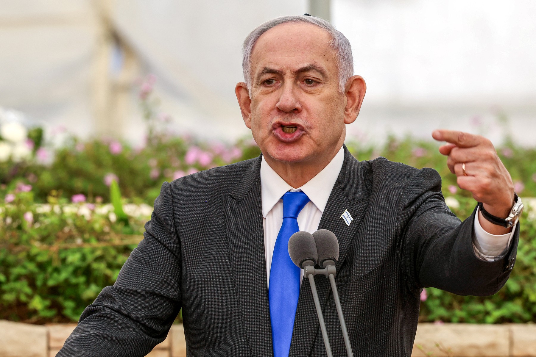 Israeli Prime Minister Benjamin Netanyahu speaks during a state memorial ceremony for the victims of the 1948 Altalena affair, at Nachalat Yitzhak cemetery in Tel Aviv on June 18, 2024.,Image: 882694289, License: Rights-managed, Restrictions: , Model Release: no, Credit line: Shaul GOLAN / AFP / Profimedia