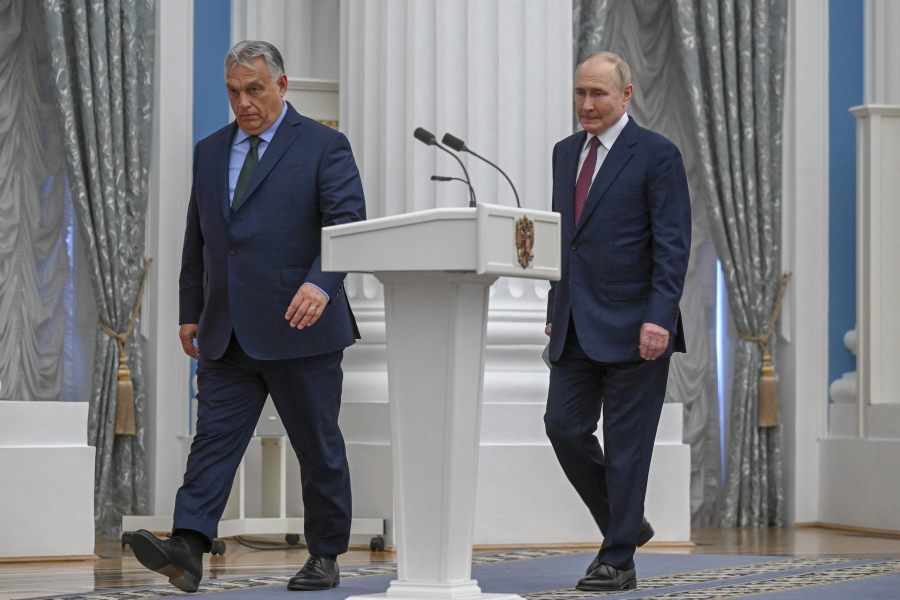 MOSCOW, RUSSIA - JULY 05: Russian President Vladimir Putin (R) and Hungarian Prime Minister Viktor Orban (L) hold a joint press conference following their meeting at the Kremlin in Moscow, Russia on July 05, 2024. Sefa Karacan / Anadolu,Image: 887538349, License: Rights-managed, Restrictions: , Model Release: no, Credit line: SEFA KARACAN / AFP / Profimedia