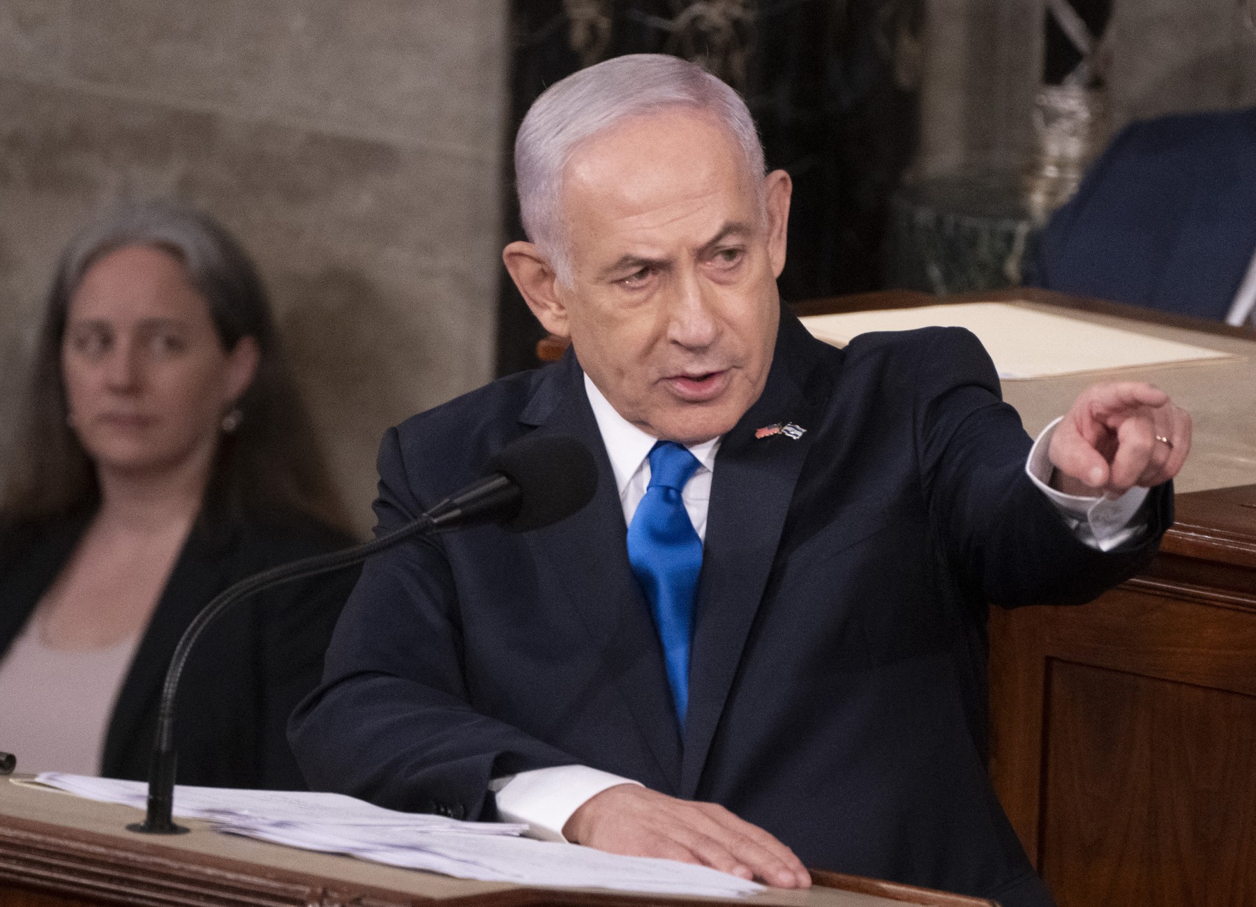 Israeli Prime Minister Benjamin Netanyahu acknowledges Israeli soldiers while addressing a joint meeting of Congress at the US Capitol on July 24, 2024 in Washington, DC.,Image: 892062341, License: Rights-managed, Restrictions: , Model Release: no, Credit line: ROBERTO SCHMIDT / AFP / Profimedia