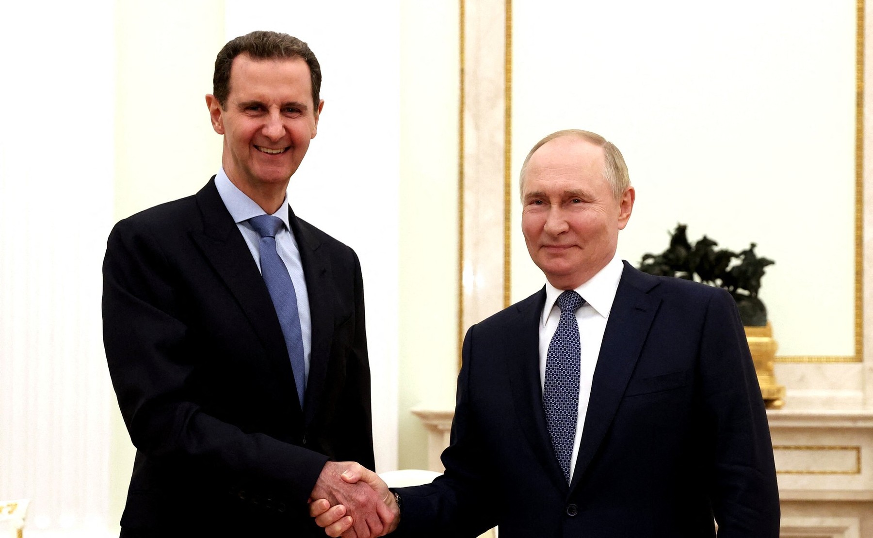 MOSCOW, RUSSIA - JULY 24: (----EDITORIAL USE ONLY - MANDATORY CREDIT - ' KREMLIN PRESS OFFICE / / HANDOUT' - NO MARKETING NO ADVERTISING CAMPAIGNS - DISTRIBUTED AS A SERVICE TO CLIENTS----) Russian President Vladimir Putin (R) meets with Syrian President Bashar al-Assad (L) in Moscow, Russia on July 24, 2024. Kremlin Press Office / Handout / Anadolu/ABACAPRESS.COM,Image: 892207914, License: Rights-managed, Restrictions: ***
HANDOUT image or SOCIAL MEDIA IMAGE or FILMSTILL for EDITORIAL USE ONLY! * Please note: Fees charged by Profimedia are for the Profimedia's services only, and do not, nor are they intended to, convey to the user any ownership of Copyright or License in the material. Profimedia does not claim any ownership including but not limited to Copyright or License in the attached material. By publishing this material you (the user) expressly agree to indemnify and to hold Profimedia and its directors, shareholders and employees harmless from any loss, claims, damages, demands, expenses (including legal fees), or any causes of action or allegation against Profimedia arising out of or connected in any way with publication of the material. Profimedia does not claim any copyright or license in the attached materials. Any downloading fees charged by Profimedia are for Profimedia's services only. * Handling Fee Only 
***, Model Release: no, Credit line: AA/ABACA / Abaca Press / Profimedia