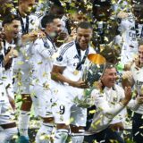 August 14, 2024, Warsaw, Poland: Kylian Mbappe celebrates with other players of Real madrid  after winning UEFA Super Cup with Atalanta BC at National Stadium in Warsaw, Poland on August 14, 2024.,Image: 898778581, License: Rights-managed, Restrictions: , Model Release: no, Credit line: Beata Zawrzel / Zuma Press / Profimedia