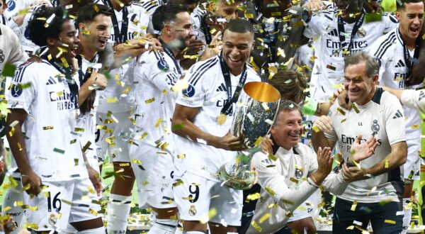 August 14, 2024, Warsaw, Poland: Kylian Mbappe celebrates with other players of Real madrid  after winning UEFA Super Cup with Atalanta BC at National Stadium in Warsaw, Poland on August 14, 2024.,Image: 898778581, License: Rights-managed, Restrictions: , Model Release: no, Credit line: Beata Zawrzel / Zuma Press / Profimedia