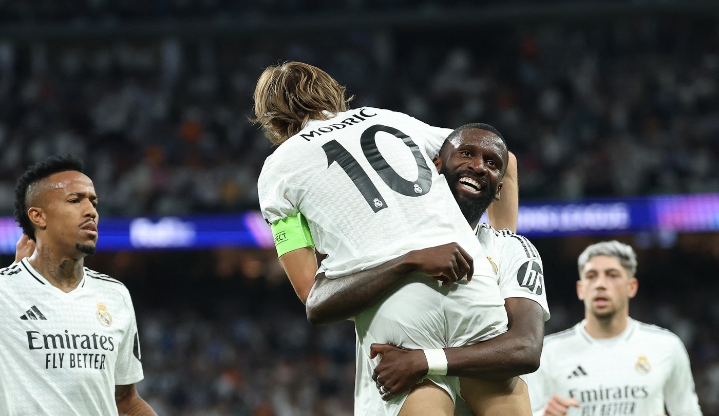 Real Madrid's German defender #22 Antonio Ruediger celebrates with Real Madrid's Croatian midfielder #10 Luka Modric after scoring his team's second goal during the UEFA Champions League 1st round day 1 football match between Real Madrid CF and Stuttgart VFB at the Santiago Bernabeu stadium in Madrid on September 17, 2024.,Image: 909207894, License: Rights-managed, Restrictions: , Model Release: no, Credit line: Thomas COEX / AFP / Profimedia