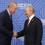 8790943 23.10.2024 President of Russia Vladimir Putin, right, and President of Turkiye Recep Tayyip Erdogan during their meeting on the sidelines of the 16th BRICS Summit in Kazan, Russia. Images can be used on the condition that the photographer’s name and source are mentioned in the following order: “name of the photographer / brics-russia2024.ru host photo agency.”  / Photohost agency brics-russia2024.ru,Image: 925511221, License: Rights-managed, Restrictions: Editors' note: THIS IMAGE IS PROVIDED BY RUSSIAN STATE-OWNED AGENCY SPUTNIK., Model Release: no, Credit line: Anatoly Medved / Sputnik / Profimedia