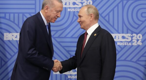 8790943 23.10.2024 President of Russia Vladimir Putin, right, and President of Turkiye Recep Tayyip Erdogan during their meeting on the sidelines of the 16th BRICS Summit in Kazan, Russia. Images can be used on the condition that the photographer’s name and source are mentioned in the following order: “name of the photographer / brics-russia2024.ru host photo agency.”  / Photohost agency brics-russia2024.ru,Image: 925511221, License: Rights-managed, Restrictions: Editors' note: THIS IMAGE IS PROVIDED BY RUSSIAN STATE-OWNED AGENCY SPUTNIK., Model Release: no, Credit line: Anatoly Medved / Sputnik / Profimedia