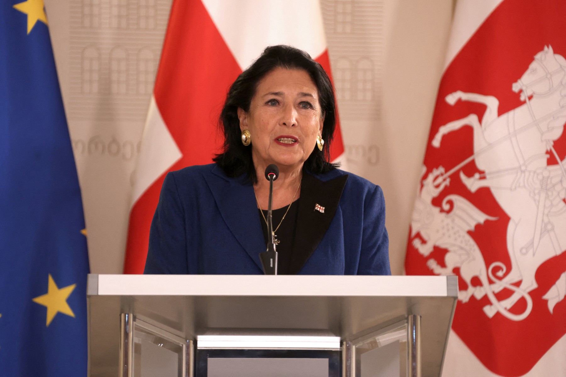 In this handout picture taken and released by the Georgian presidential press service on October 30, 2024, Georgia's President Salome Zurabishvili holds a press conference at the presidential palace in Tbilisi. Georgian President Salome Zurabishvili on October 30, 2024 said she refused a prosecutors' summons for questioning over her allegation of election fraud at this weekend's vote.,Image: 928301941, License: Rights-managed, Restrictions: RESTRICTED TO EDITORIAL USE - MANDATORY CREDIT "AFP PHOTO / Georgian presidential press service" - NO MARKETING NO ADVERTISING CAMPAIGNS - DISTRIBUTED AS A SERVICE TO CLIENTS, ***
HANDOUT image or SOCIAL MEDIA IMAGE or FILMSTILL for EDITORIAL USE ONLY! * Please note: Fees charged by Profimedia are for the Profimedia's services only, and do not, nor are they intended to, convey to the user any ownership of Copyright or License in the material. Profimedia does not claim any ownership including but not limited to Copyright or License in the attached material. By publishing this material you (the user) expressly agree to indemnify and to hold Profimedia and its directors, shareholders and employees harmless from any loss, claims, damages, demands, expenses (including legal fees), or any causes of action or allegation against Profimedia arising out of or connected in any way with publication of the material. Profimedia does not claim any copyright or license in the attached materials. Any downloading fees charged by Profimedia are for Profimedia's services only. * Handling Fee Only 
***, Model Release: no, Credit line: Handout / AFP / Profimedia