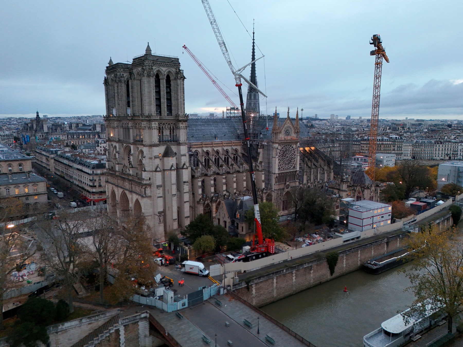 This aerial picture, taken on November 22, 2024 shows Notre-Dame-de Paris cathedral a few days before its reopening.  The Notre-Dame Cathedral is set to re-open early December 2024, with a planned weekend of ceremonies on December 7 and 8, 2024, five years after the 2019 fire which ravaged the world heritage landmark and toppled its spire. Some 250 companies and hundreds of experts were mobilised for the five-year restoration costing hundreds of millions of euros.,Image: 937475459, License: Rights-managed, Restrictions: , Model Release: no, Credit line: Damien MEYER / AFP / Profimedia