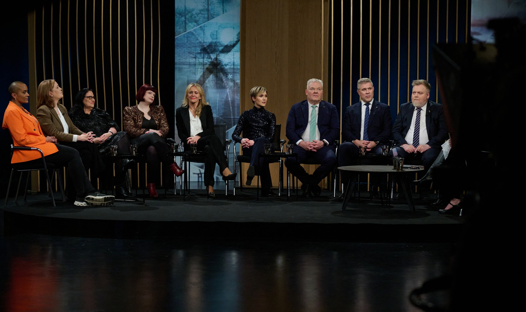 Leader of Iceland's Socialist Party Sanna Magdalena Mortudottir, Leader of Iceland's Left-Green party Svandis Svavarsdottir, Leader of Iceland's People's party Inga Saeland, Representative of the Pirate Party Thorhildur Sunna Aevarsdottir, CLeader of the Liberal Reform (Vidreisn) party Thorgerdur Katrin Gunnarsdottir, Leader of Iceland's Social Democratic Alliance party Kristrun Frostadottir, Leader of Iceland's Progressive party Sigurour Ingi Johannsson, Iceland's Prime Minister and Leader of the Independence party Bjarni Benediktsson and Leader of Iceland's Centre party Sigmundur David Gunnlaugsson take part in a TV talk after after first exit polls were released, in Reykjavik on early December 1, 2024. With the ballots of more than a quarter of eligible voters counted, the Social Democratic Alliance -- led by Kristrun Frostadottir -- were ahead with 22.8 percent of the vote, according to broadcaster RUV.,Image: 941510423, License: Rights-managed, Restrictions: , Model Release: no, Credit line: Halldor KOLBEINS / AFP / Profimedia