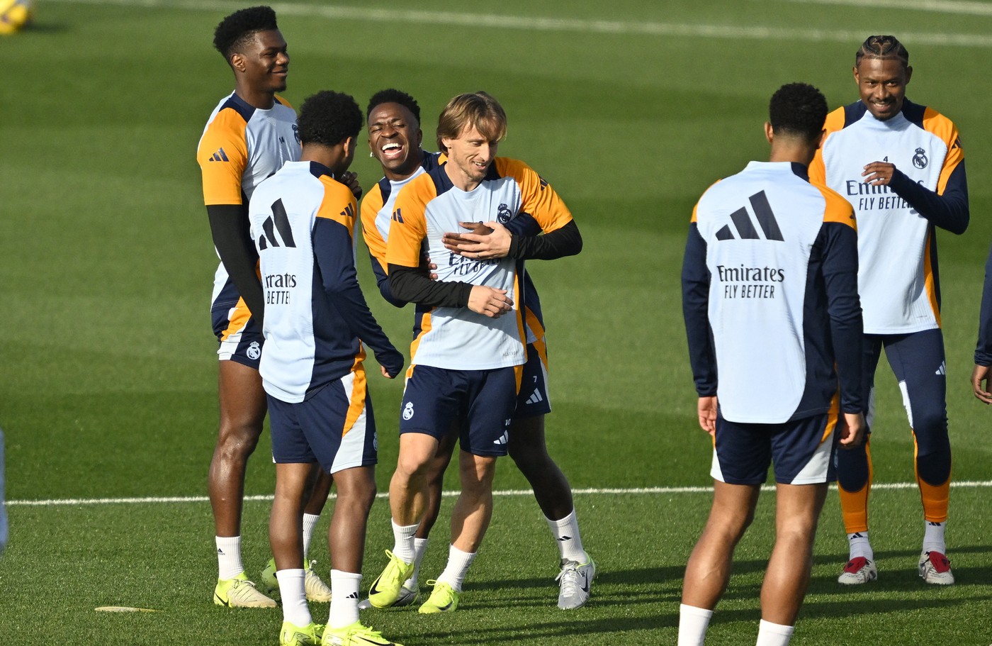 MADRID, SPAIN - DECEMBER 06: Tchouameni (L), Vinicius Junior (L 3), Luka Modric (C) and David Alaba (R) of Real Madrid attend a training session ahead of La Liga Week 16 football match between against Girona at Valdebebas Training Facilities in Madrid, Spain on December 06, 2024. Burak Akbulut / Anadolu/ABACAPRESS.COM,Image: 943701488, License: Rights-managed, Restrictions: , Model Release: no, Credit line: AA/ABACA / Abaca Press / Profimedia