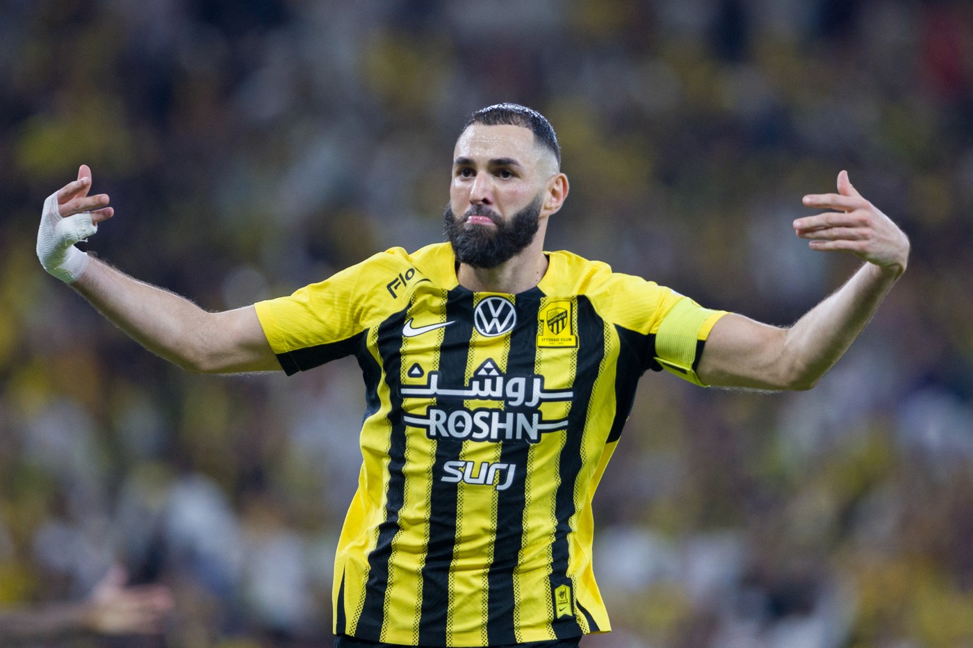 Ittihad's French forward #09 Karim Benzema celebrates his goal during the Saudi Pro League football match between Al-Ittihad and Al-Nassr at King Abdullah Sports City in Jeddah on December 6, 2024.,Image: 943744583, License: Rights-managed, Restrictions: , Model Release: no, Credit line: AFP / AFP / Profimedia