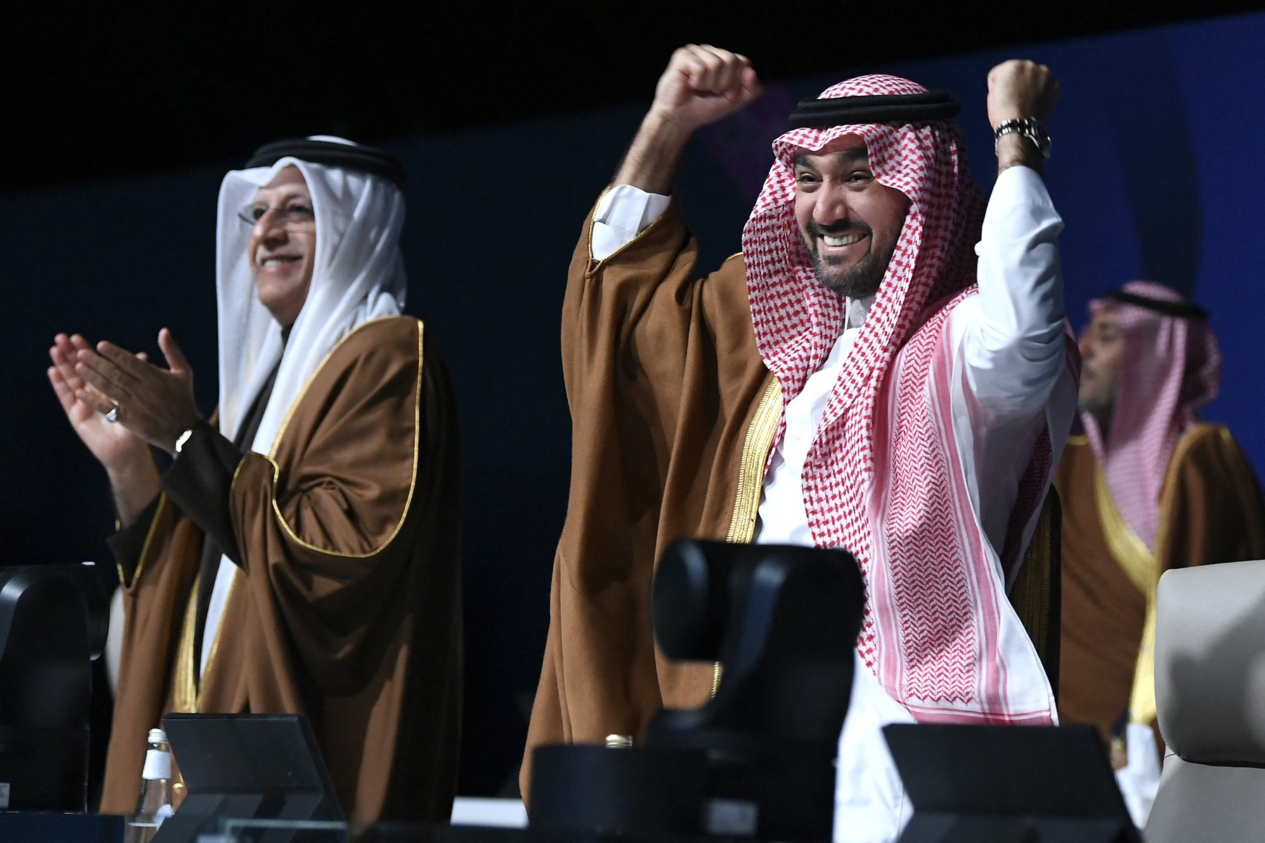 Asian Football Confederation (AFC) President Sheikh Salman bin Ibrahim al-Khalifa (L) and Saudi Arabia's Minister of Sports and Youth Abdulaziz bin Turki al-Faisal al-Saud celebrate after Saudi Arabia was confirmed as host of the 2034 World Cup during a ceremony in the capital Riyadh on December 11, 2024. Saudi Arabia was confirmed as host of the 2034 World Cup by FIFA on December 11, underlining the Gulf kingdom's growing influence in world sport despite criticism of the country's human rights record.,Image: 945537740, License: Rights-managed, Restrictions: , Model Release: no, Credit line: AFP / AFP / Profimedia