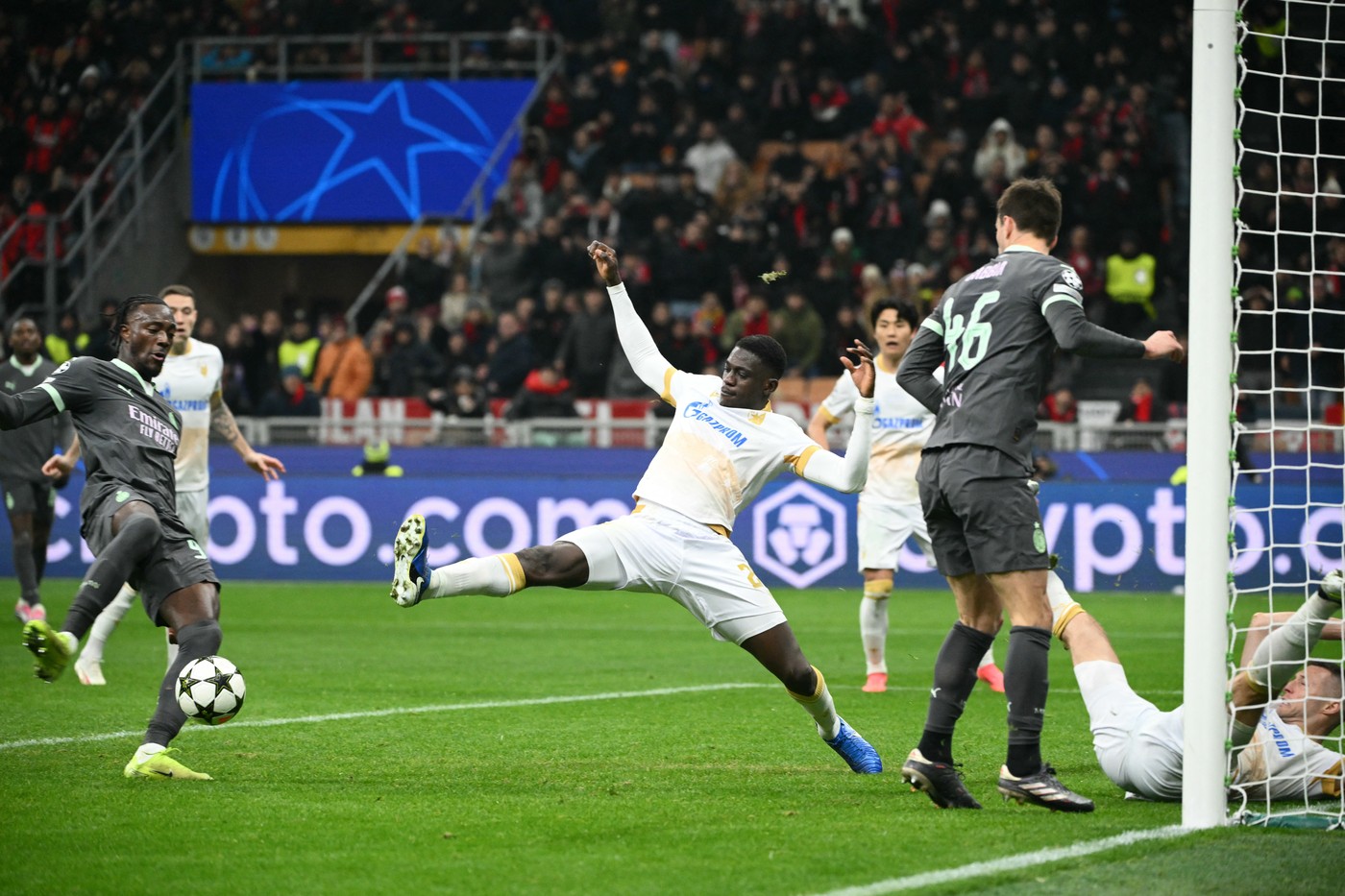 AC Milan's English forward #90 Tammy Abraham scores his team's second goal during the UEFA Champions League football match between AC Milan and Red Star Belgrade (Crvena zvezda) at San Siro stadium in Milan, on December 11, 2024.,Image: 945644685, License: Rights-managed, Restrictions: , Model Release: no, Credit line: Alberto PIZZOLI / AFP / Profimedia