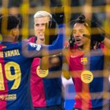 DORTMUND, GERMANY - DECEMBER 11: Lamine Yamal, Dani Olmo and Jules Kounde (L-R) of Barcelona celebrate after their team's first goal during the UEFA Champions League 2024/25 League Phase MD6 match between Borussia Dortmund and FC Barcelona at BVB Stadion Dortmund in Dortmund, Germany on December 11, 2024. Hesham Elsherif / Anadolu,Image: 945692294, License: Rights-managed, Restrictions: , Model Release: no, Credit line: Hesham Elsherif / AFP / Profimedia