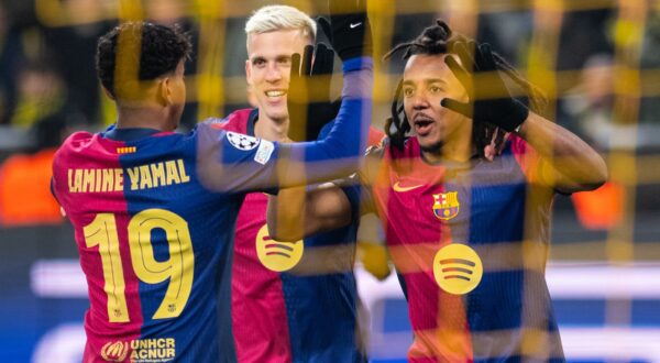 DORTMUND, GERMANY - DECEMBER 11: Lamine Yamal, Dani Olmo and Jules Kounde (L-R) of Barcelona celebrate after their team's first goal during the UEFA Champions League 2024/25 League Phase MD6 match between Borussia Dortmund and FC Barcelona at BVB Stadion Dortmund in Dortmund, Germany on December 11, 2024. Hesham Elsherif / Anadolu,Image: 945692294, License: Rights-managed, Restrictions: , Model Release: no, Credit line: Hesham Elsherif / AFP / Profimedia