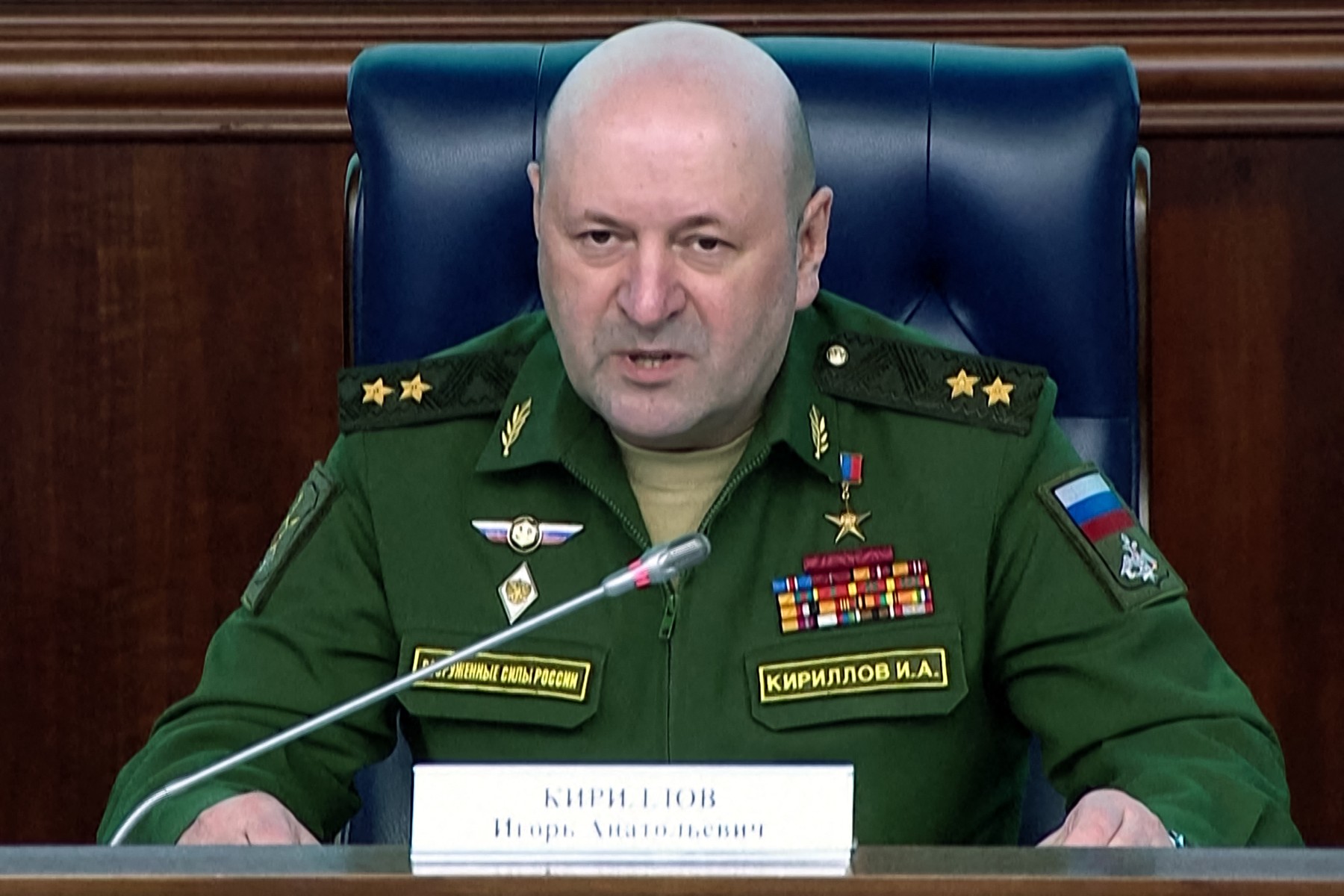 In this grab from a handout footage released by the Russian Defence Ministry on October 24, 2022, Russia's Lieutenant General Igor Kirillov, in charge of Russian troops for radioactive, chemical and biological protection, speaks at a briefing in Moscow. A senior Russian military official was killed on December 17, 2024 when an explosive device hidden in a scooter went off outside a building in Moscow, officials said.,Image: 947639863, License: Rights-managed, Restrictions: RESTRICTED TO EDITORIAL USE - MANDATORY CREDIT "AFP PHOTO / Russian Defence Ministry" - NO MARKETING NO ADVERTISING CAMPAIGNS - DISTRIBUTED AS A SERVICE TO CLIENTS, ***
HANDOUT image or SOCIAL MEDIA IMAGE or FILMSTILL for EDITORIAL USE ONLY! * Please note: Fees charged by Profimedia are for the Profimedia's services only, and do not, nor are they intended to, convey to the user any ownership of Copyright or License in the material. Profimedia does not claim any ownership including but not limited to Copyright or License in the attached material. By publishing this material you (the user) expressly agree to indemnify and to hold Profimedia and its directors, shareholders and employees harmless from any loss, claims, damages, demands, expenses (including legal fees), or any causes of action or allegation against Profimedia arising out of or connected in any way with publication of the material. Profimedia does not claim any copyright or license in the attached materials. Any downloading fees charged by Profimedia are for Profimedia's services only. * Handling Fee Only 
***, Model Release: no, Credit line: Handout / AFP / Profimedia