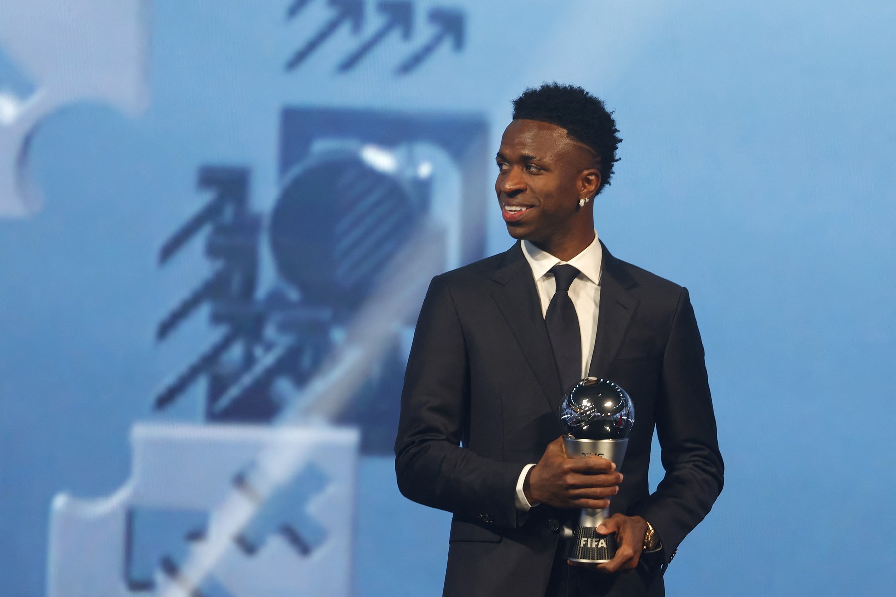 Brazilian forward Vinicius Junior poses with the Best Player trophy during the Best FIFA Football Awards 2024 ceremony in Doha on December 17, 2024.,Image: 947830695, License: Rights-managed, Restrictions: , Model Release: no, Credit line: Karim JAAFAR / AFP / Profimedia