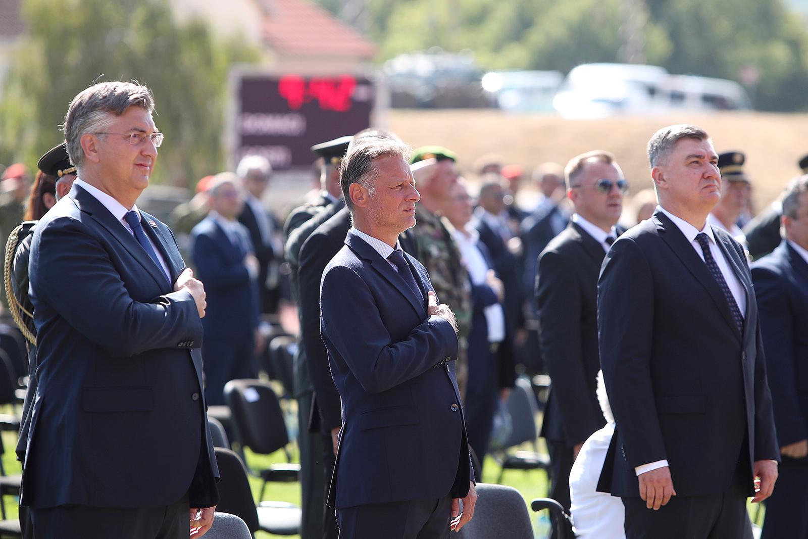 05.08.2024., Stadion NK Dinara, Knin - Proslava obiljezavanja Dana pobjede i domovinske zahvalnosti, Dana hrvatskih branitelja i 29. obljetnice vojno redarstvene operacije Oluja. Andrej Plenkovic, Gordan Jandrokovic, Zoran Milanovic. Photo: Sime Zelic/PIXSELL