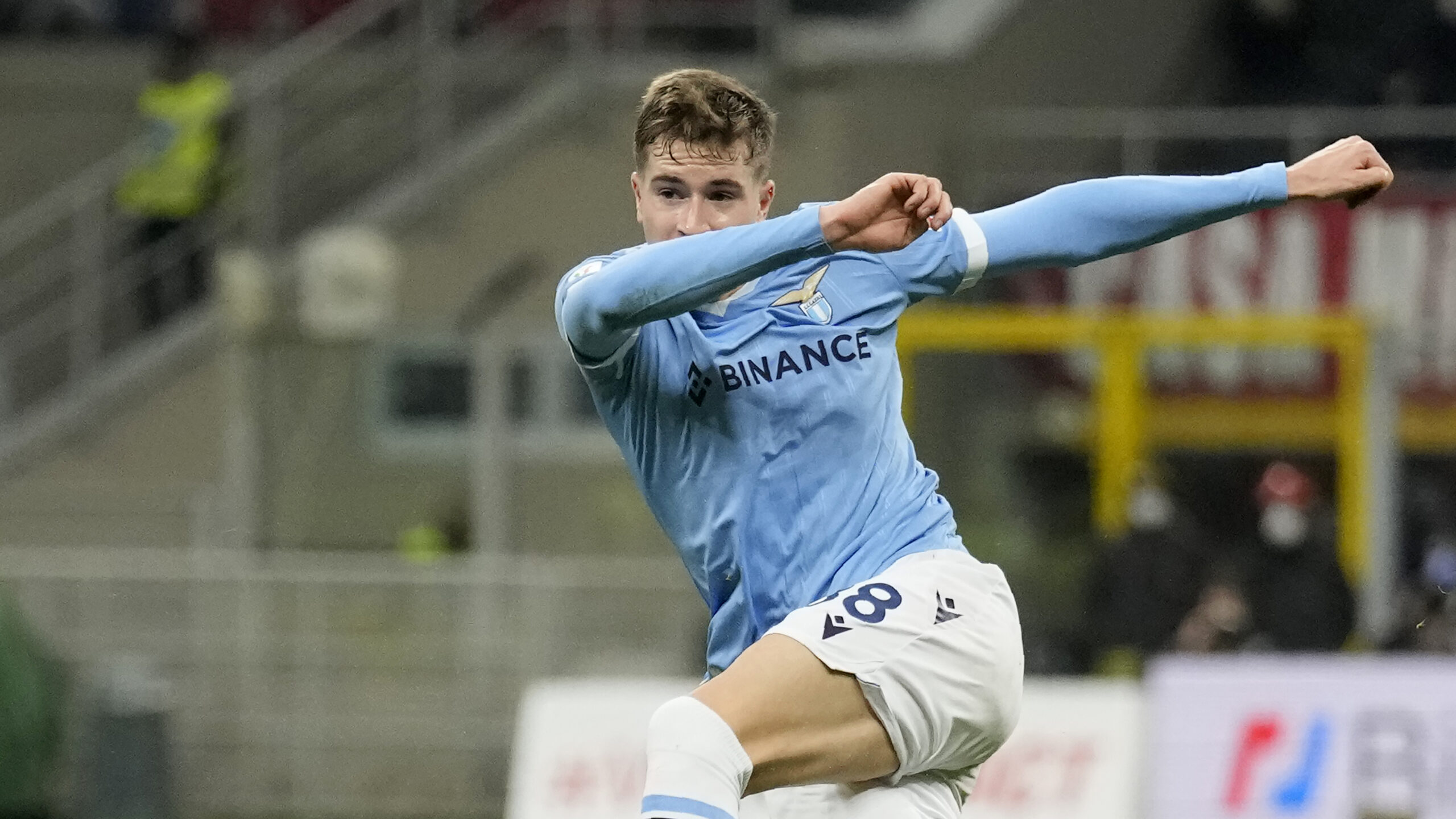 Lazio's Toma Basic controls the ball during an Italian Cup soccer match between AC Milan and Lazio at the San Siro stadium, in Milan, Italy, Wednesday, Feb. 9, 2022. (AP Photo/Antonio Calanni)