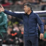 Porto's head coach Sergio Conceicao reacts during the UEFA Champions League Group H soccer match between Shakhtar Donetsk and FC Porto in Hamburg, Germany, Tuesday, Sept. 19, 2023. (AP Photo/Martin Meissner)