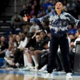 South Carolina head coach Dawn Staley reacts during the first quarter of a Sweet Sixteen round college basketball game against the Indiana during the NCAA Tournament, Friday, March 29, 2024, in Albany, N.Y. (AP Photo/Mary Altaffer) NCAA Indiana South Carolina Basketball