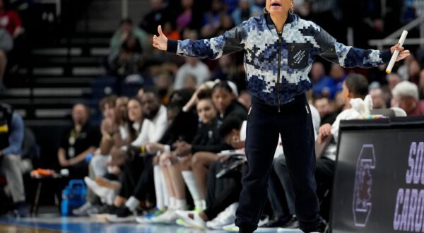 South Carolina head coach Dawn Staley reacts during the first quarter of a Sweet Sixteen round college basketball game against the Indiana during the NCAA Tournament, Friday, March 29, 2024, in Albany, N.Y. (AP Photo/Mary Altaffer) NCAA Indiana South Carolina Basketball