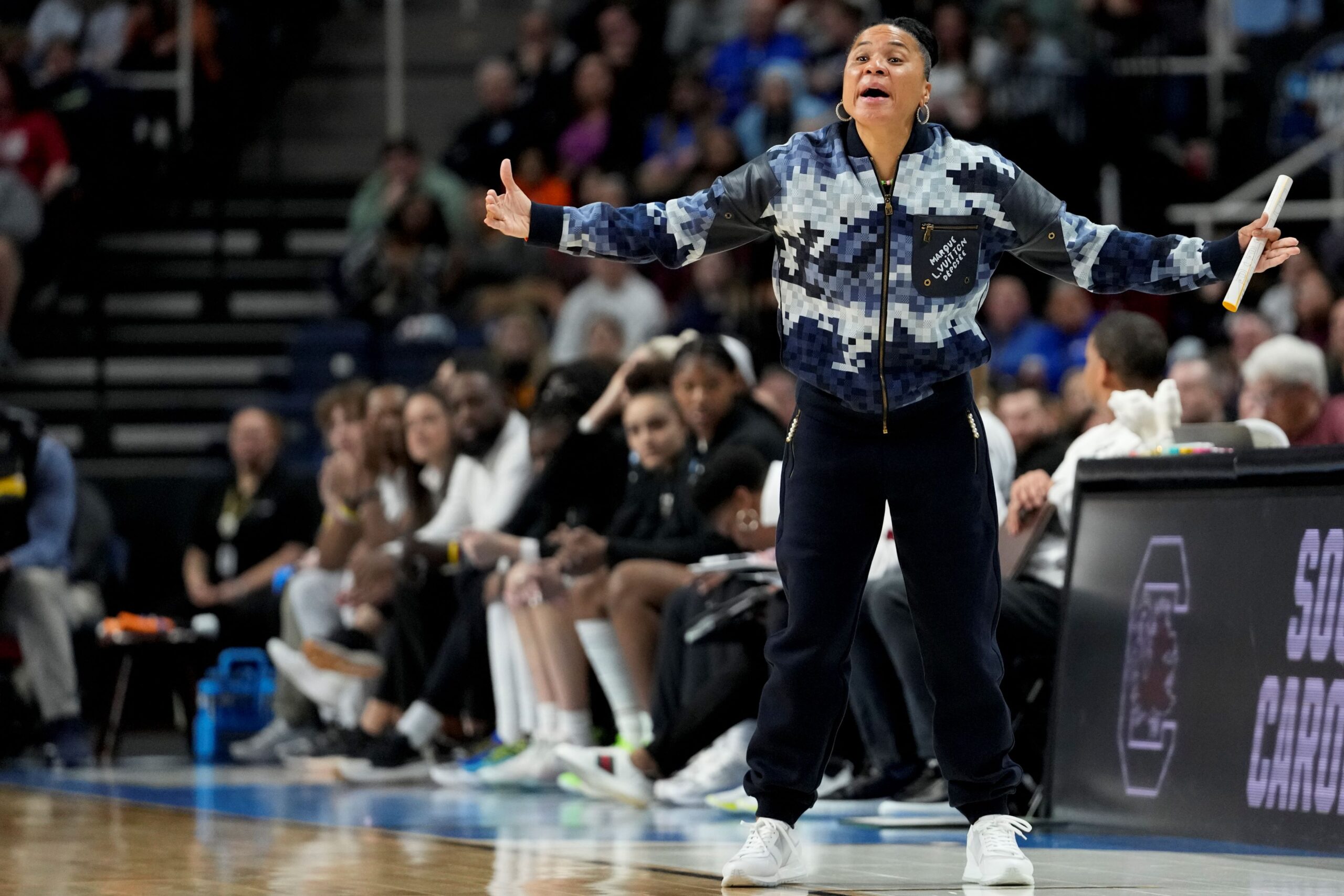 South Carolina head coach Dawn Staley reacts during the first quarter of a Sweet Sixteen round college basketball game against the Indiana during the NCAA Tournament, Friday, March 29, 2024, in Albany, N.Y. (AP Photo/Mary Altaffer) NCAA Indiana South Carolina Basketball