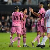 Inter Miami forward Lionel Messi, second from left, celebrates his goal against St. Louis City with defender Jordi Alba (18) and midfielder Sergio Busquets during the first half of an MLS soccer match Saturday, June 1, 2024, in Fort Lauderdale, Fla. (AP Photo/Rebecca Blackwell) MLS St Louis Inter Miami Soccer