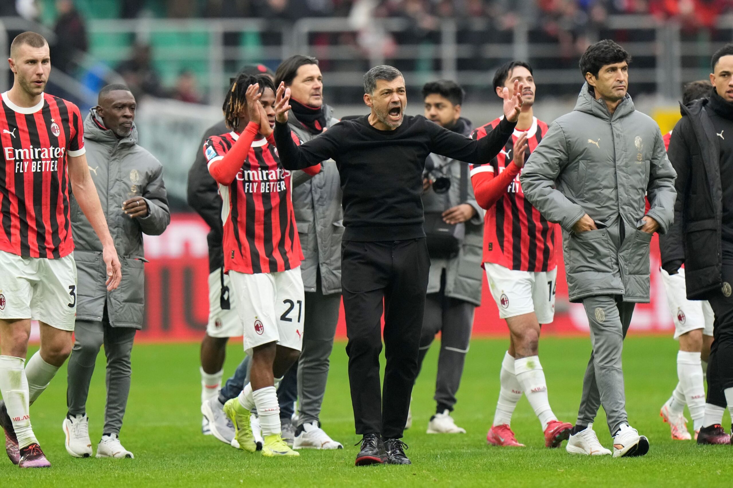 AC Milan's head coach Sergio Conceicao celebrates at the end of a Serie A soccer match between AC Milan and Parma, at the San Siro stadium in Milan, Italy, Sunday, Jan. 26, 2025. (AP Photo/Luca Bruno) Italy Soccer Serie A