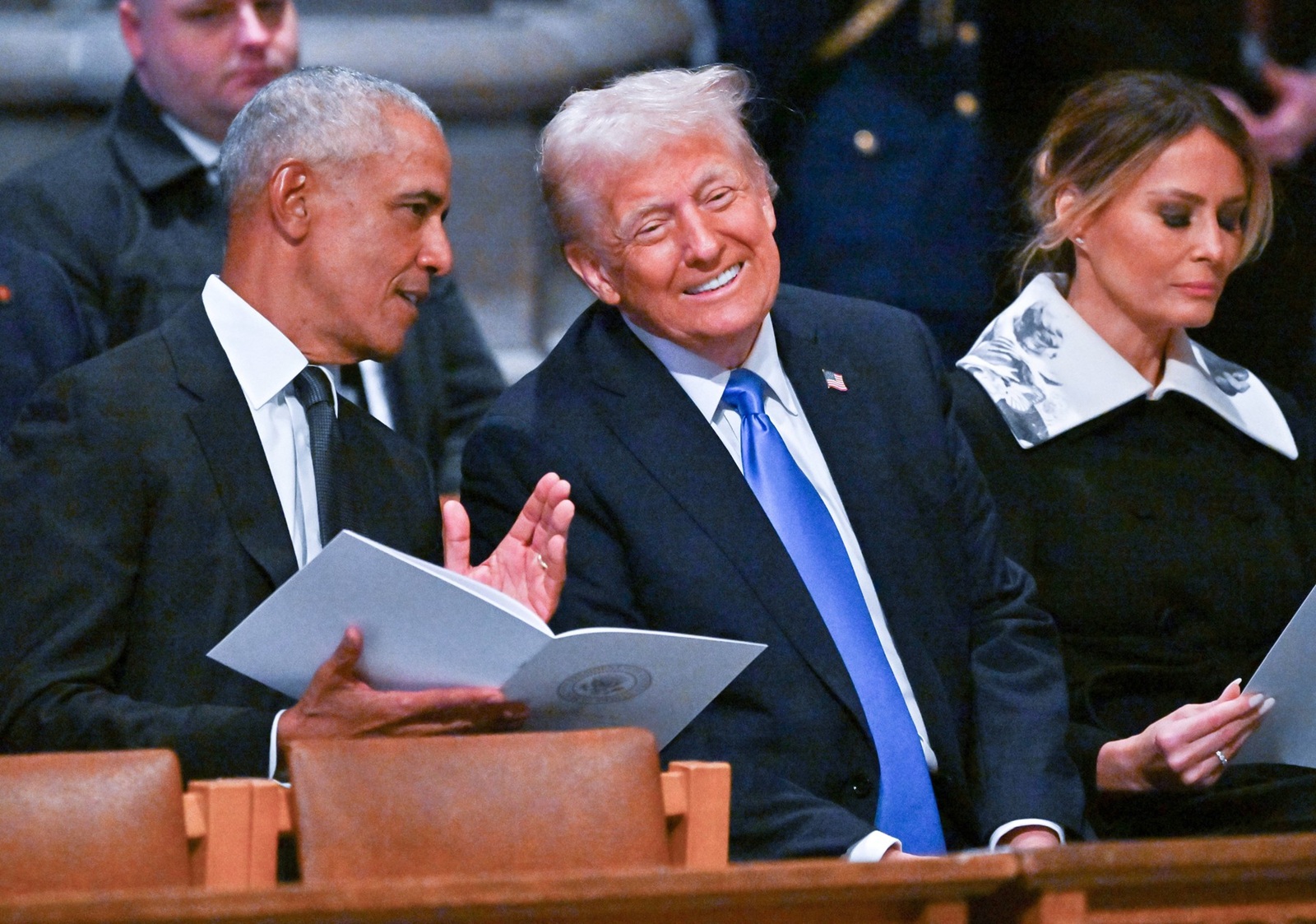 WASHINGTON, DC - JANUARY 9: Former President Barack Obama and President-elect Donald Trump speak ahead of the state funeral services for former President Jimmy Carter at the National Cathedral on January 9, 2025 in Washington, D.C. 
Credit: Ricky Carioti / Pool via CNP/AdMedia//Z-ADMEDIA_adm_010725_JimmyCarterFuneral_CNP_202/Credit:CNP/AdMedia/SIPA/2501092233,Image: 952639956, License: Rights-managed, Restrictions: , Model Release: no, Credit line: CNP/AdMedia / Sipa Press / Profimedia